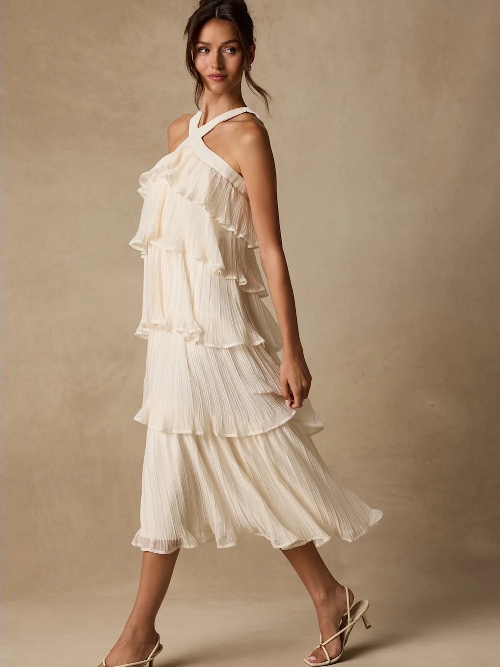 Lauretta Ivory Plisse Tiered Midi Dress - Picture 4 of 5